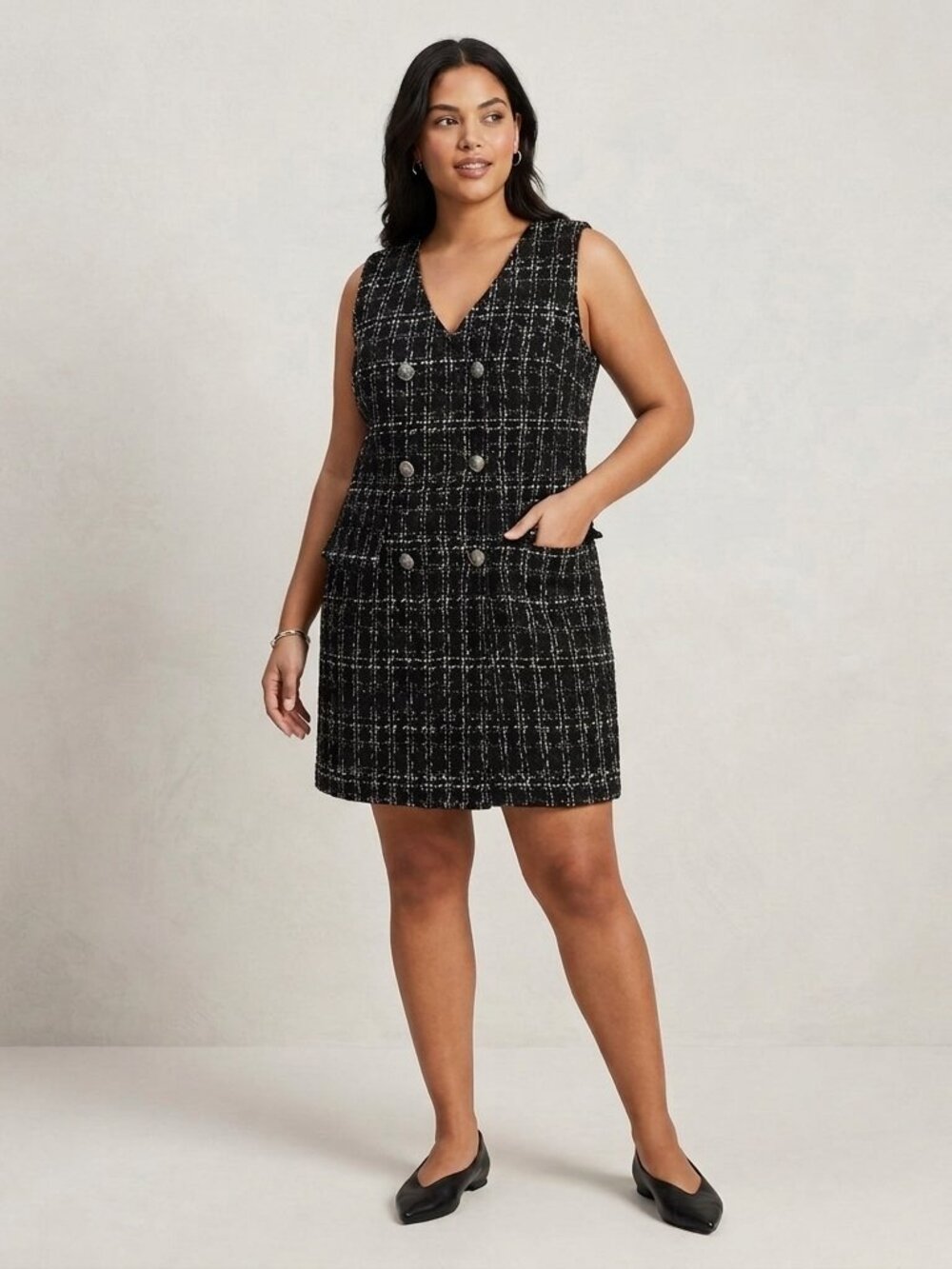 Joe Fresh Plaid Tweed Double-Breasted Vest Mini Dress - Black & White - US L
